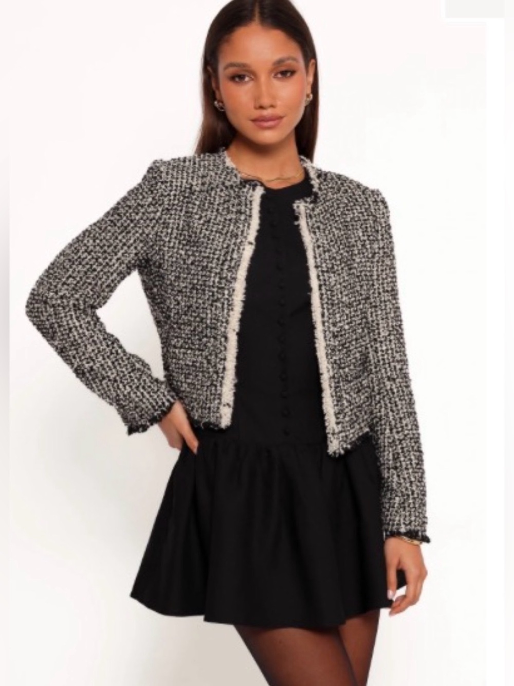 NWT Dress Forum Black and White Tweed Open Blazer